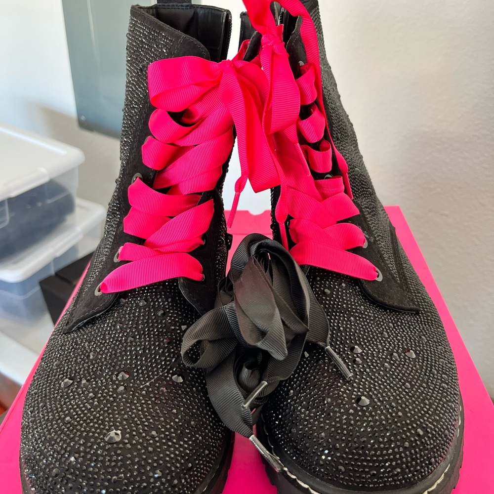Glamorous Black and Pink Women's Combat Boots